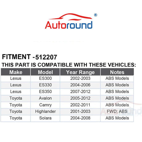 Rear Passenger Side Wheel Hub Bearing for Toyota Camry, Highlander, Avalon, Solara, Lexus ES300, 2001-2012