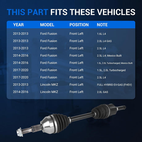 Front Left Driver Side CV Axle Shaft Assembly for 2013-2020 Ford Fusion, 2013-2016 Lincoln MKZ